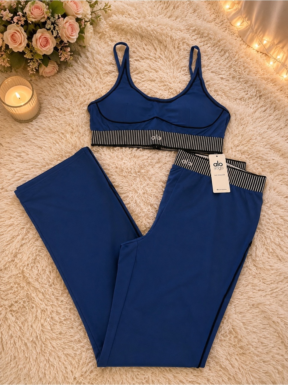 ALO Yoga Royal Blue Scoop Bralette & Leggings Set with Striped Waistband